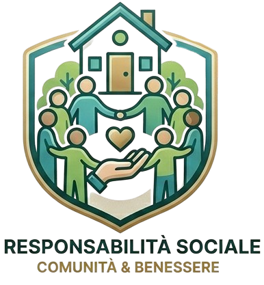 Illustration of a community inside a shield with a house, people holding hands, a heart, and an open hand below.
