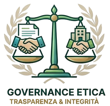 Balanced scales with handshake icons over document and building, surrounded by laurel wreath, symbolizing ethics.