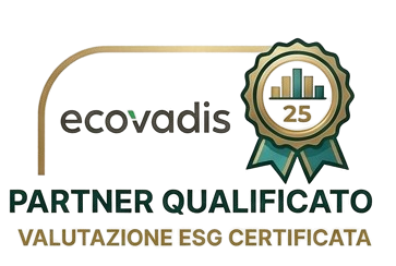 EcoVadis badge for qualified partner with certified ESG evaluation text in Italian.