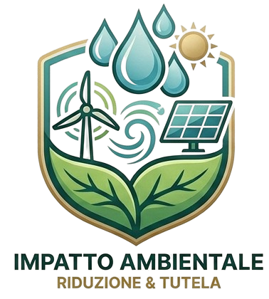Shield with green leaves, wind turbine, solar panel, water drops, sun, and swirl symbol for environmental impact.