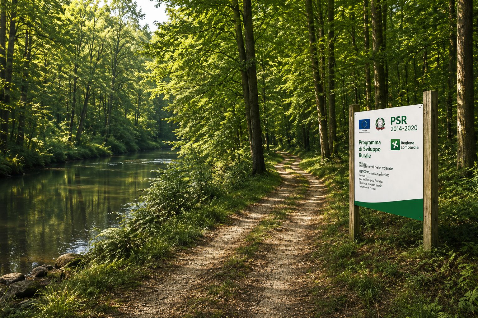 Dirt path beside a calm river in a green forest with a rural development program sign.