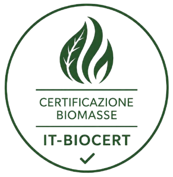 Green circular logo with stylized flame and text Certificazione Biomasse and IT-BIO-007.