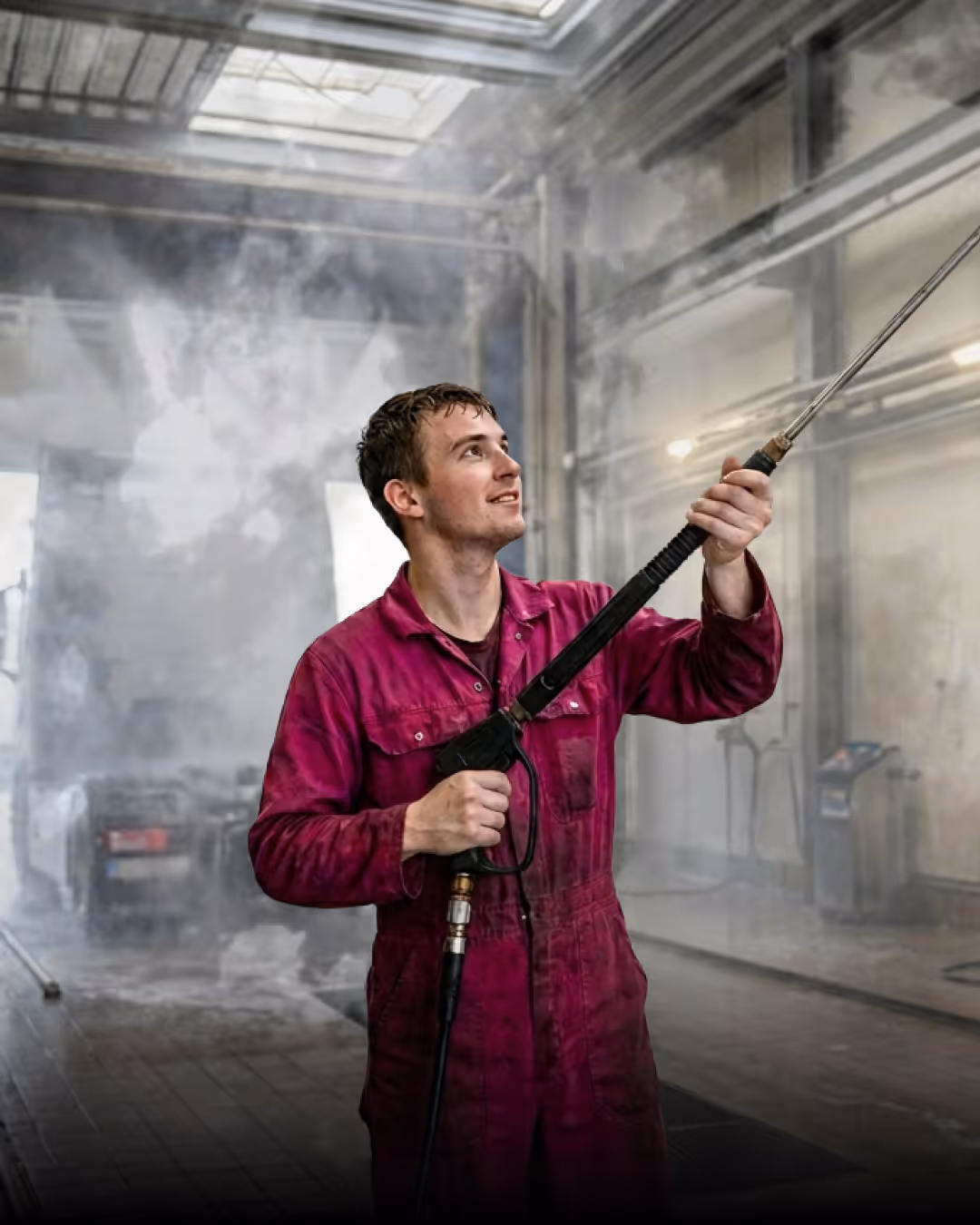 Man in een vuil roze overall bedient een hogedrukreiniger in een industriële wasruimte met stoom.