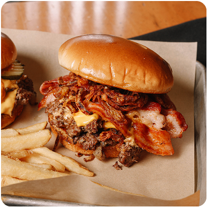 Buzz Bird double smash burger with bacon and cheese