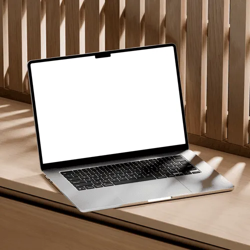 MacBook Air mockup silver 15-inch on a wooden surface