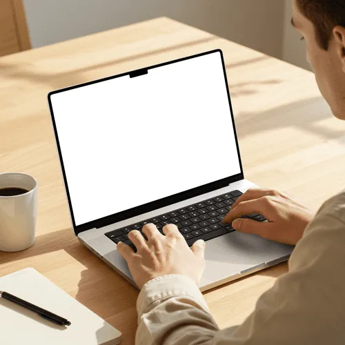 MacBook Pro Mockup with Man Working on a Desk