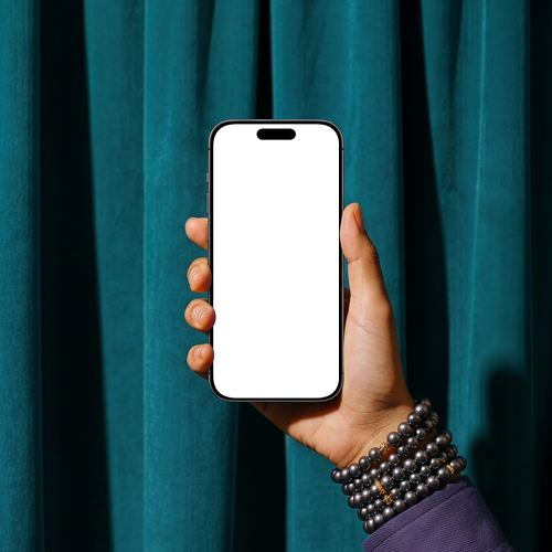 Hand Holding iPhone 17 Pro Mockup in Front of Curtain
