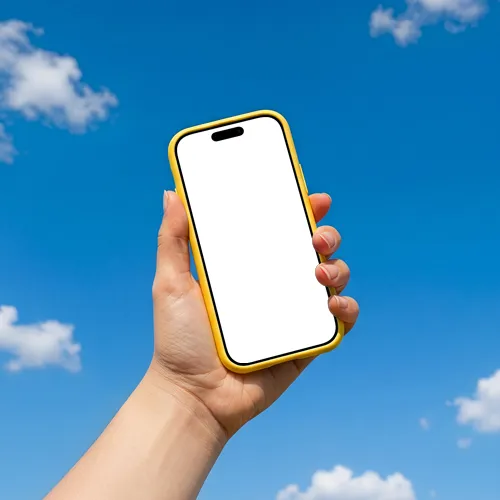 Hand Holding iPhone 17 Pro Mockup Against Sky