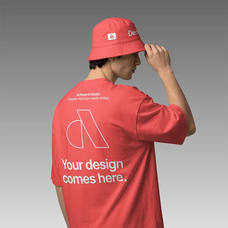 Oversized T-Shirt and Bucket Hat Mockup Back View