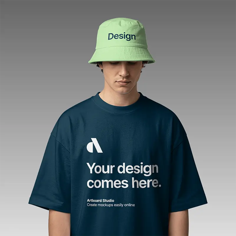 Oversized T-Shirt and Bucket Hat Mockup Front View