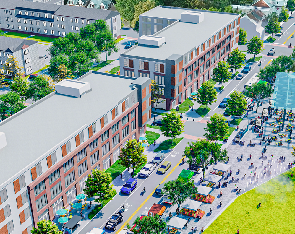 Aerial view of urban street with buildings, parked cars, market stalls, pedestrians, and green areas.