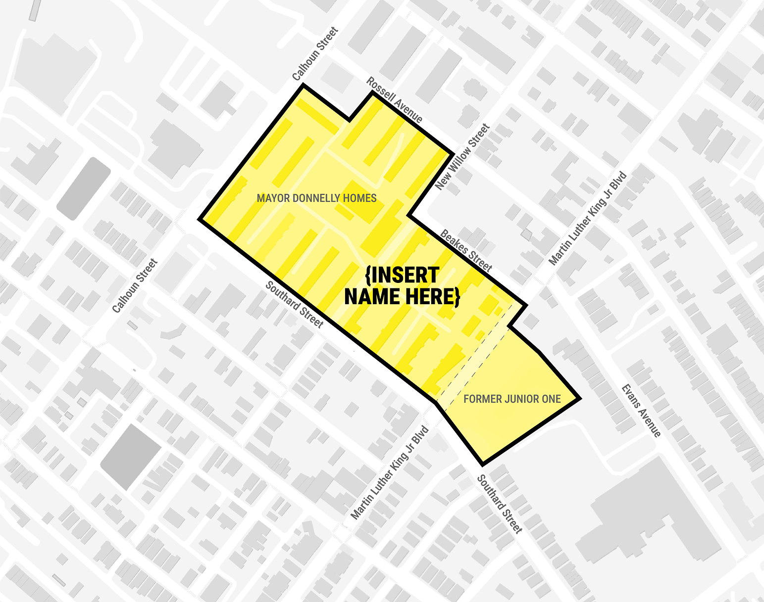 Map highlighting the Mayor Donnelly Homes and Former Junior One area between streets in a neighborhood.