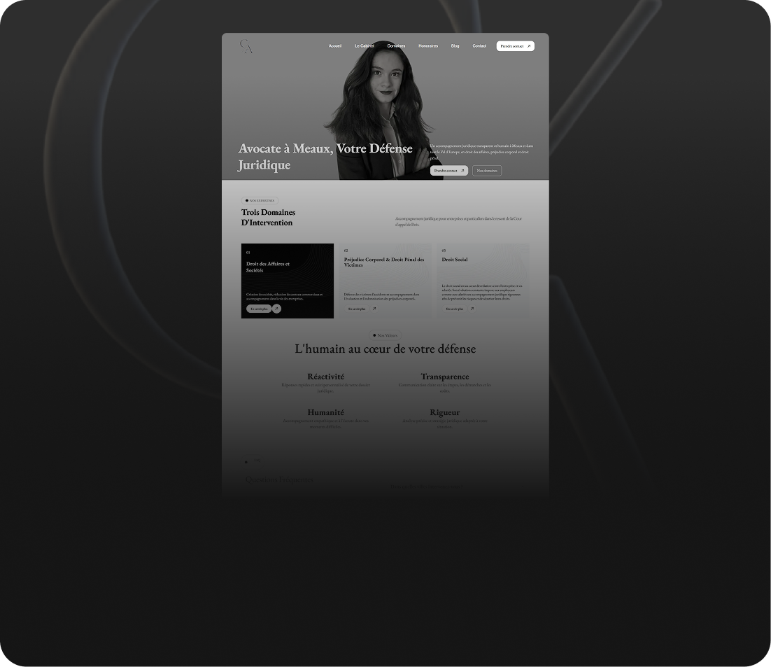 Website homepage featuring a professional woman with long dark hair and a serious expression, titled 'Avocate à Meaux, Votre Défense Juridique' in French, offering three main legal intervention domains: Business and Social Law, Corporate and Criminal Victims' Law, and Social Law. The site emphasizes human values in legal defense: reactivity, transparency, humanity, and rigor. Navigation includes Accueil, Le Cabinet, Domaines, Honoraires, Blog, and Contact, with buttons to request contact and view legal domains.