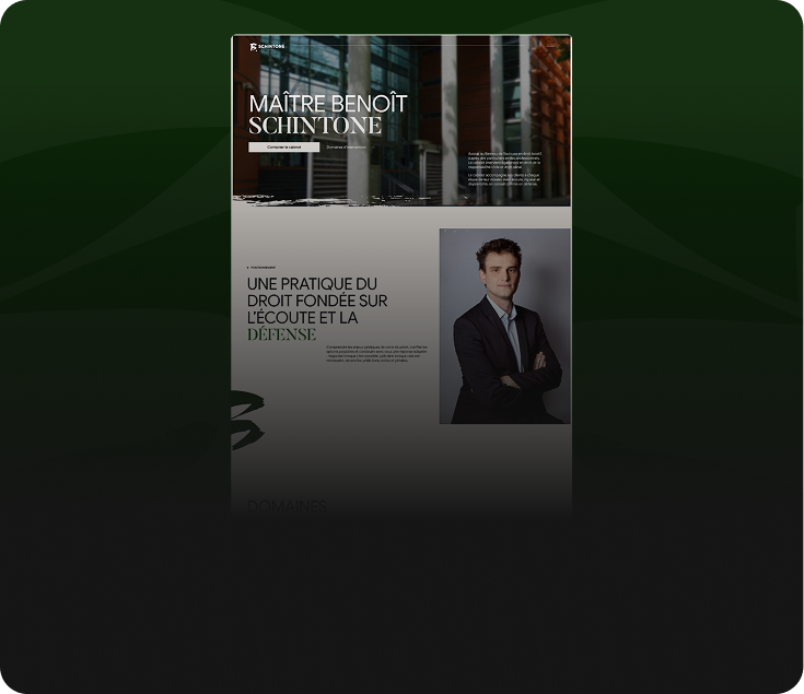 Website homepage for Maître Benoît Schintone, featuring a modern glass building, his name prominently displayed, a portrait of a man in a suit with arms crossed, and text about a law practice focused on listening and defense.