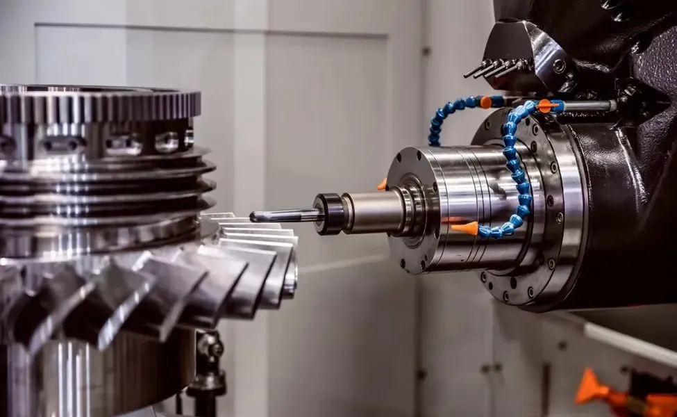 CNC machine precision-cutting an aerospace alloy component