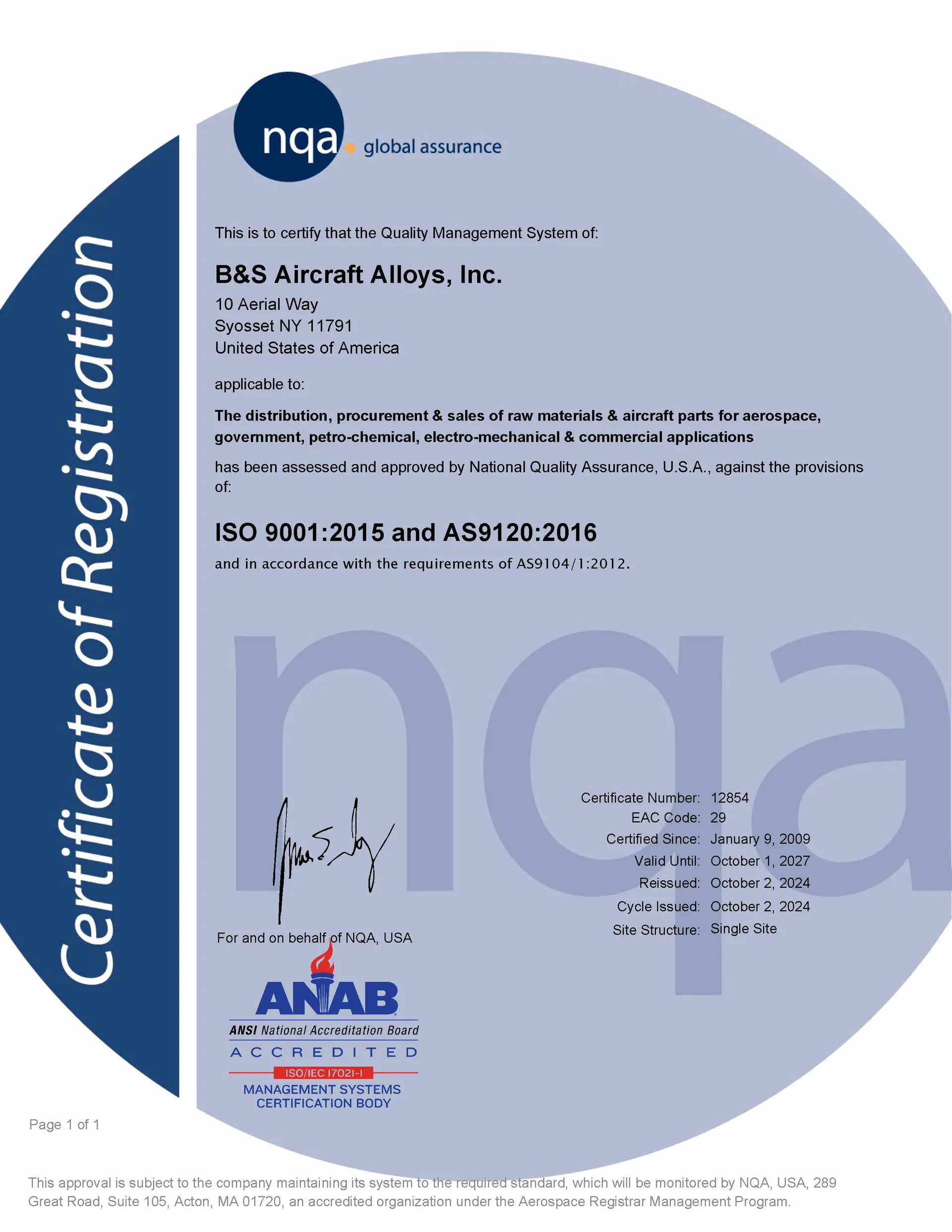AS9120 Certificate of Registration for B&S Aircraft Alloys