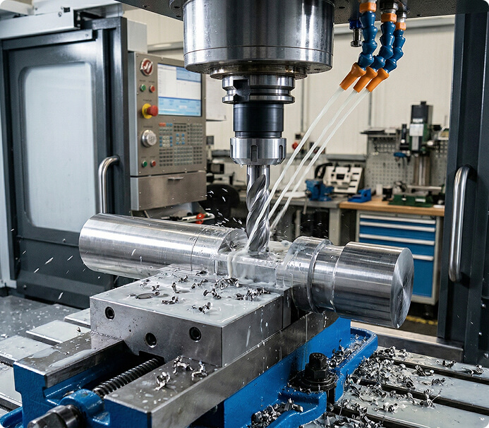 CNC machine precision-cutting an aerospace alloy component