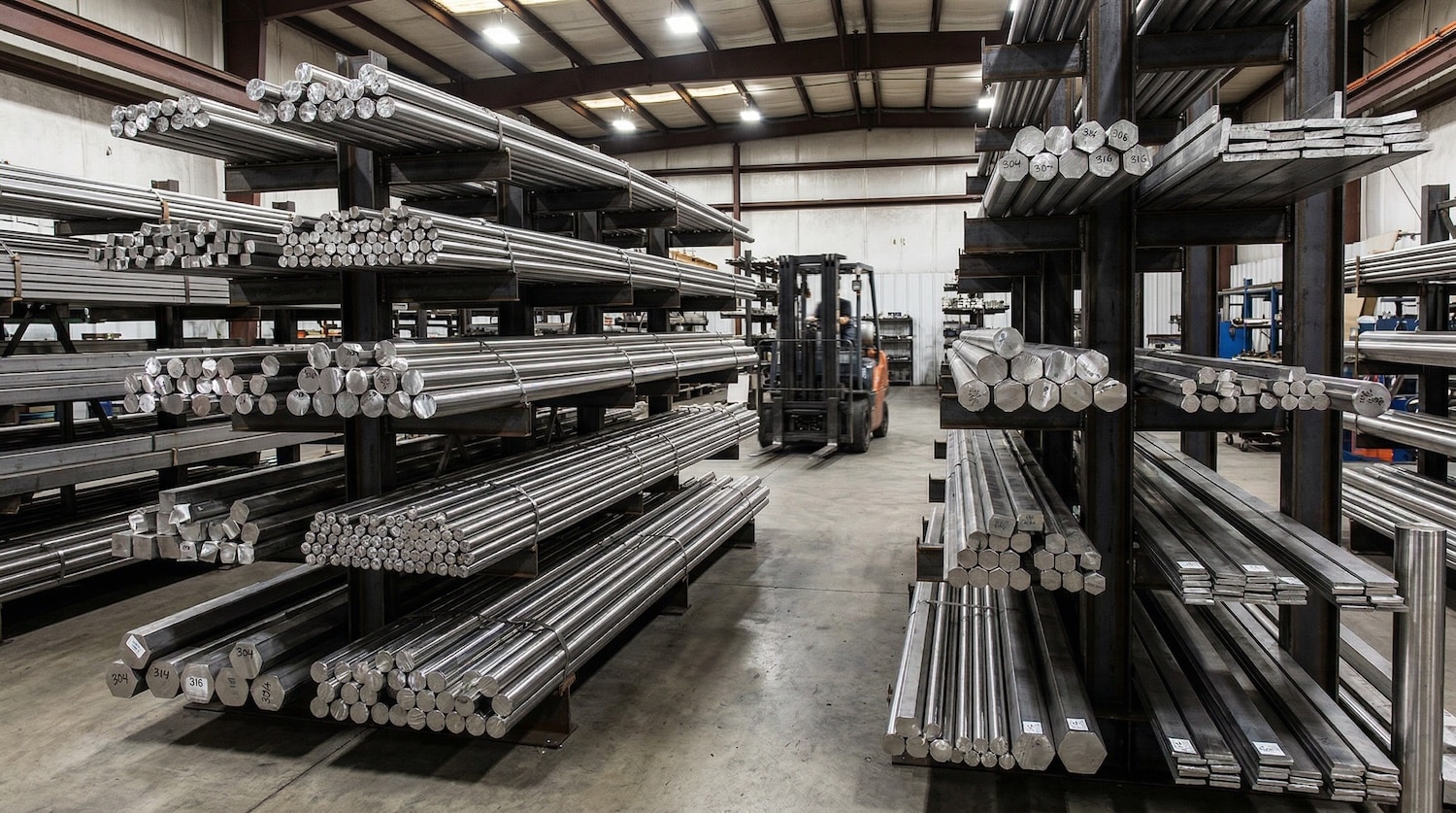 Tied stack of round aerospace alloy bars in inventory