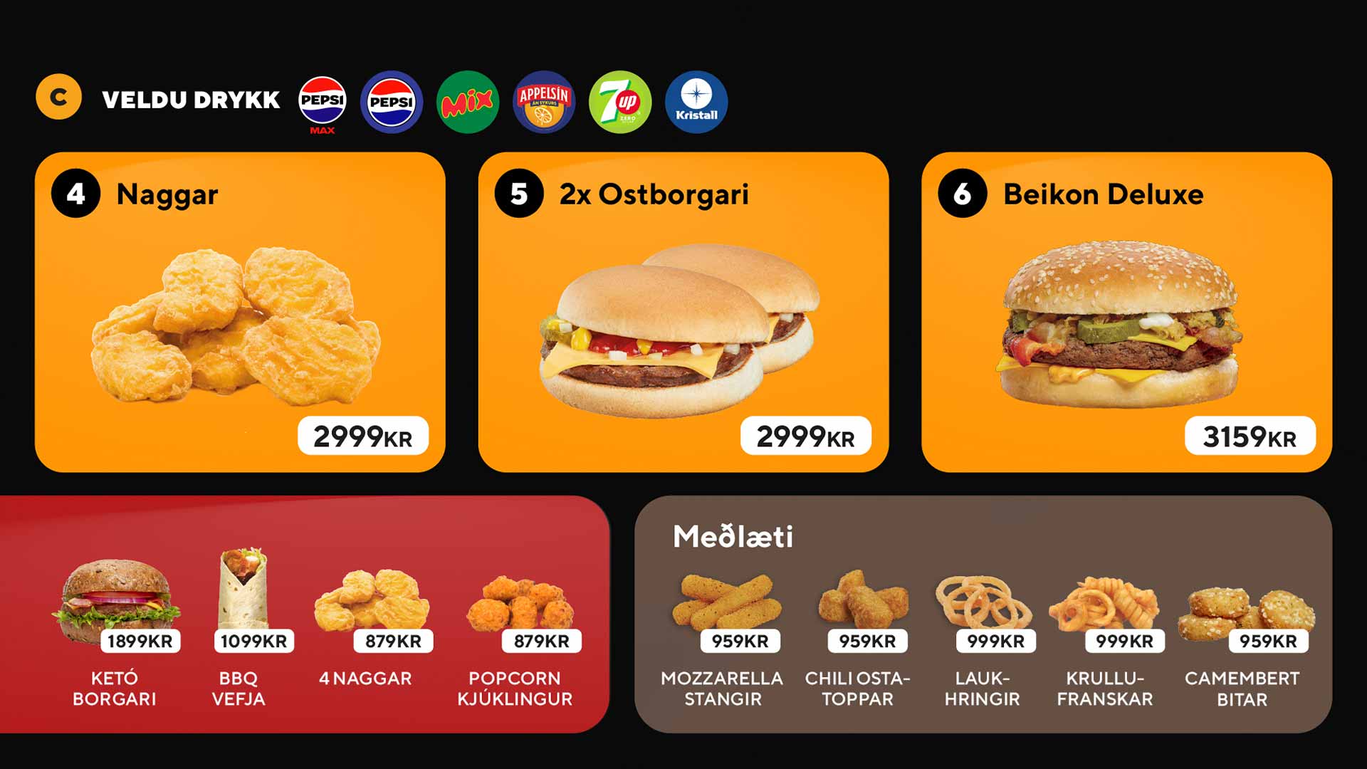 Menu showing chicken nuggets, two cheeseburgers, deluxe bacon burger, and various sides with prices in ISK.