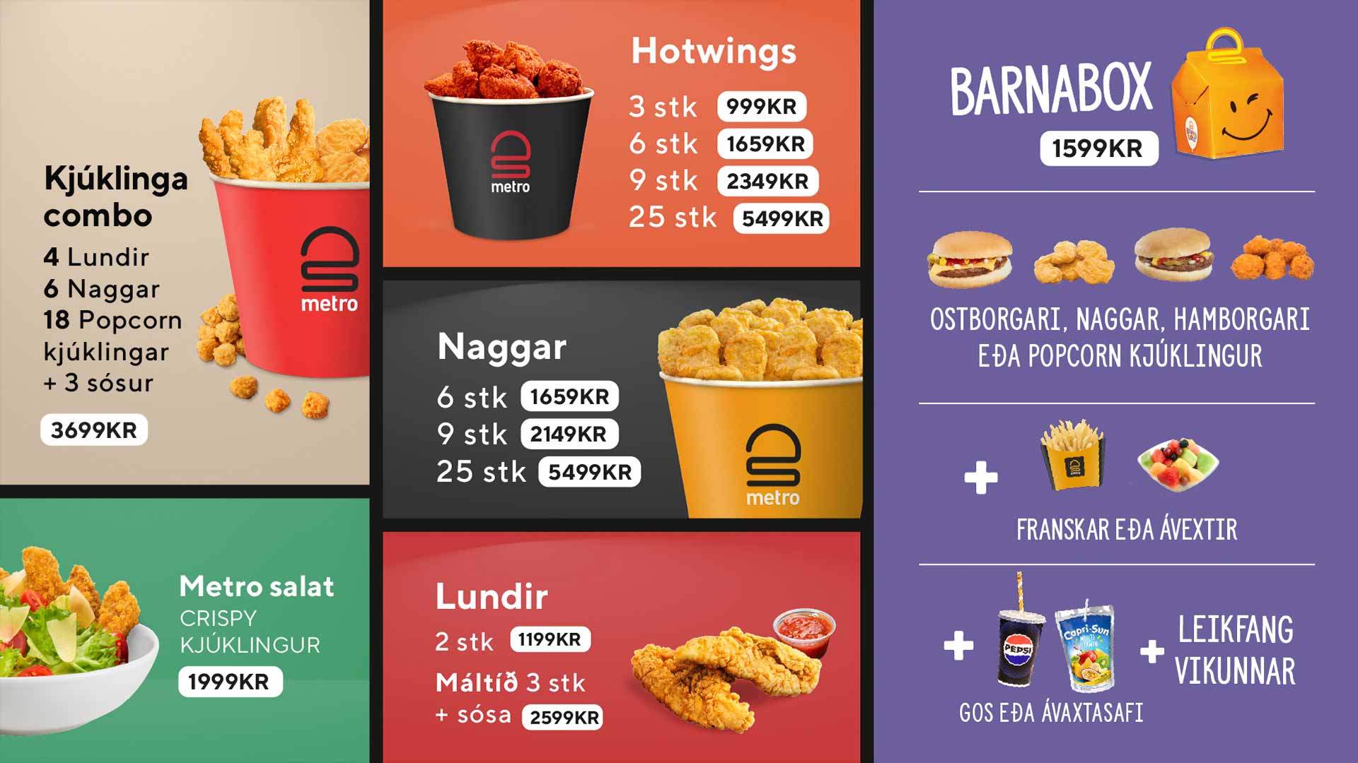 Menu with combos of chicken strips, hotwings, nuggets, salad, and a kids' meal box with sides and drinks.