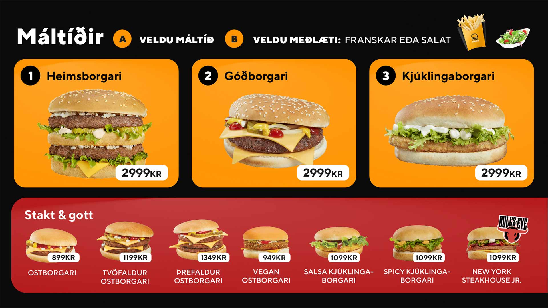 Icelandic burger menu with three meals and seven single burgers with prices in krónur.