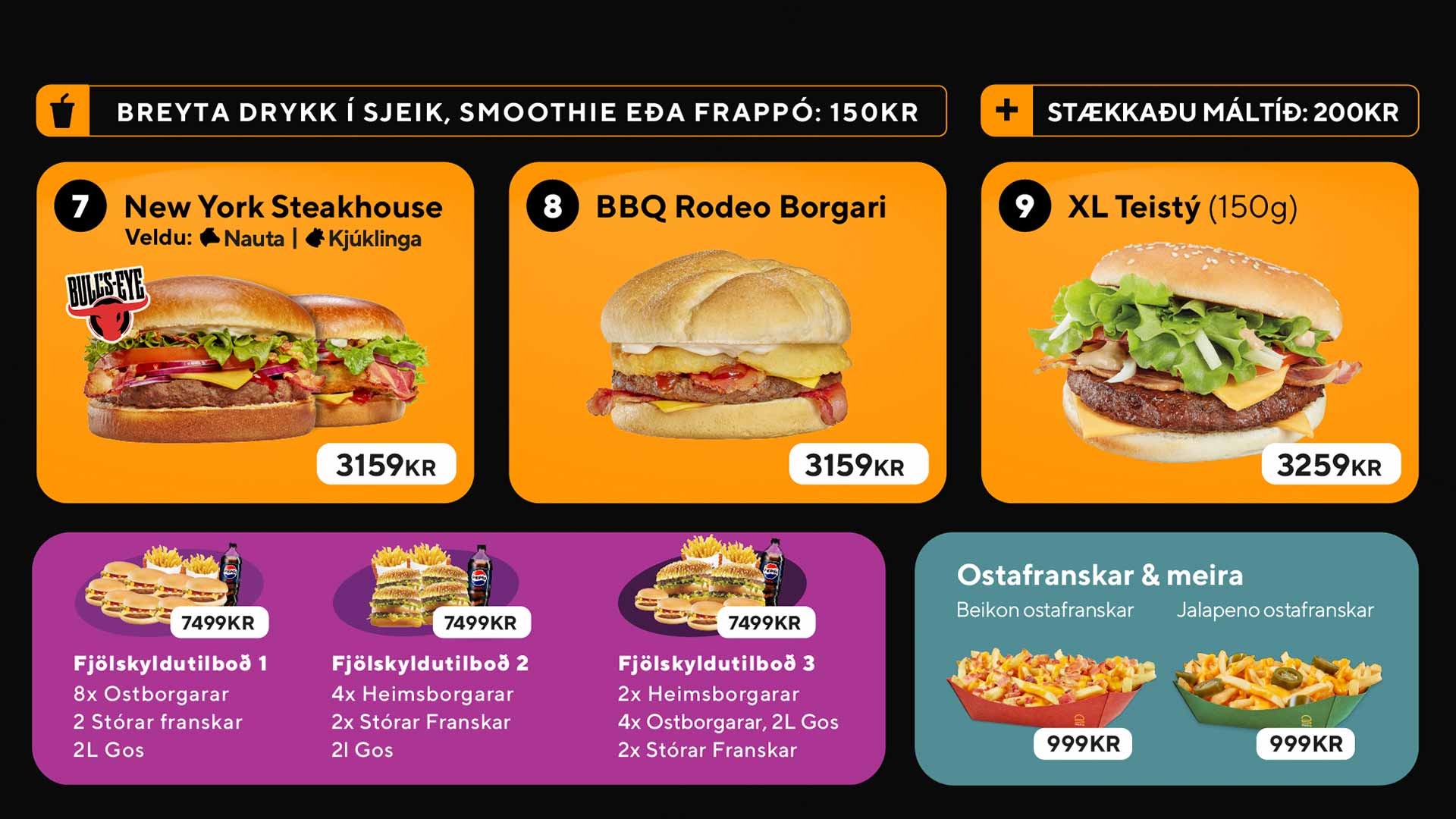 Menu showing burgers New York Steakhouse, BBQ Rodeo, XL Teisty, meal combos, and cheese fries with toppings.