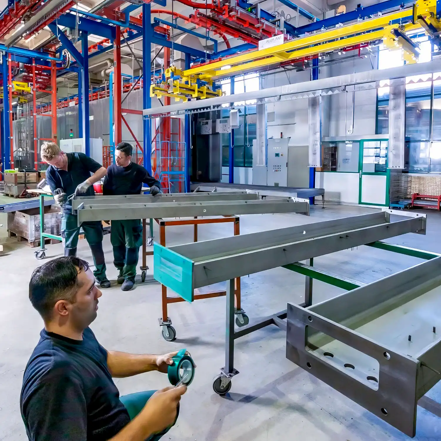 Mitarbeitende montieren Metallbauteile in moderner Beschichtungsanlage mit Fördertechnik und Qualitätskontrolle in industrieller Fertigungshalle.