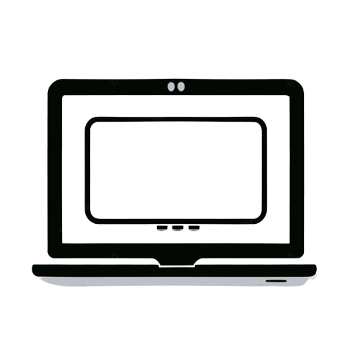 Black and gray laptop computer icon with a blank screen and three buttons below the display.