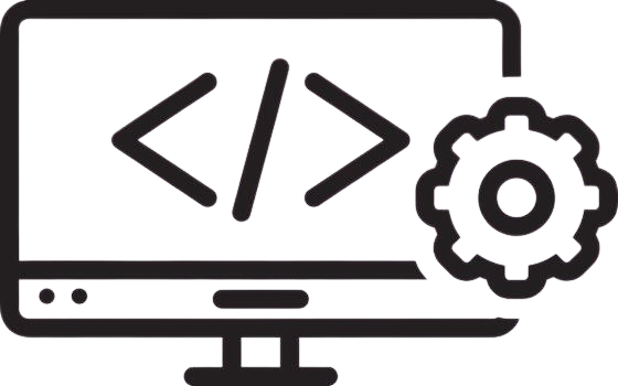Computer monitor displaying coding symbols with a gear icon next to it representing web development.