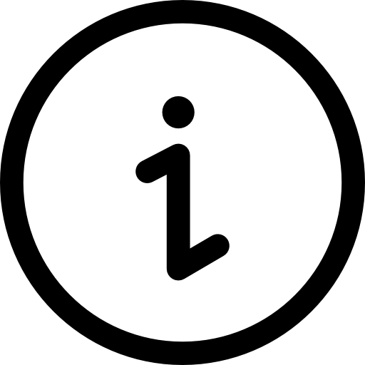 Black information icon with lowercase letter i inside a black circle on white background.