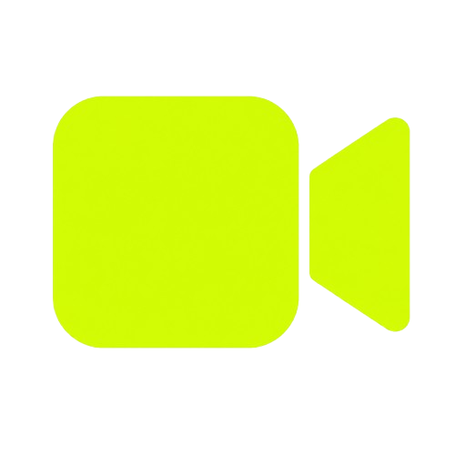 Yellow video camera icon with rounded square and triangular lens shape on black background.