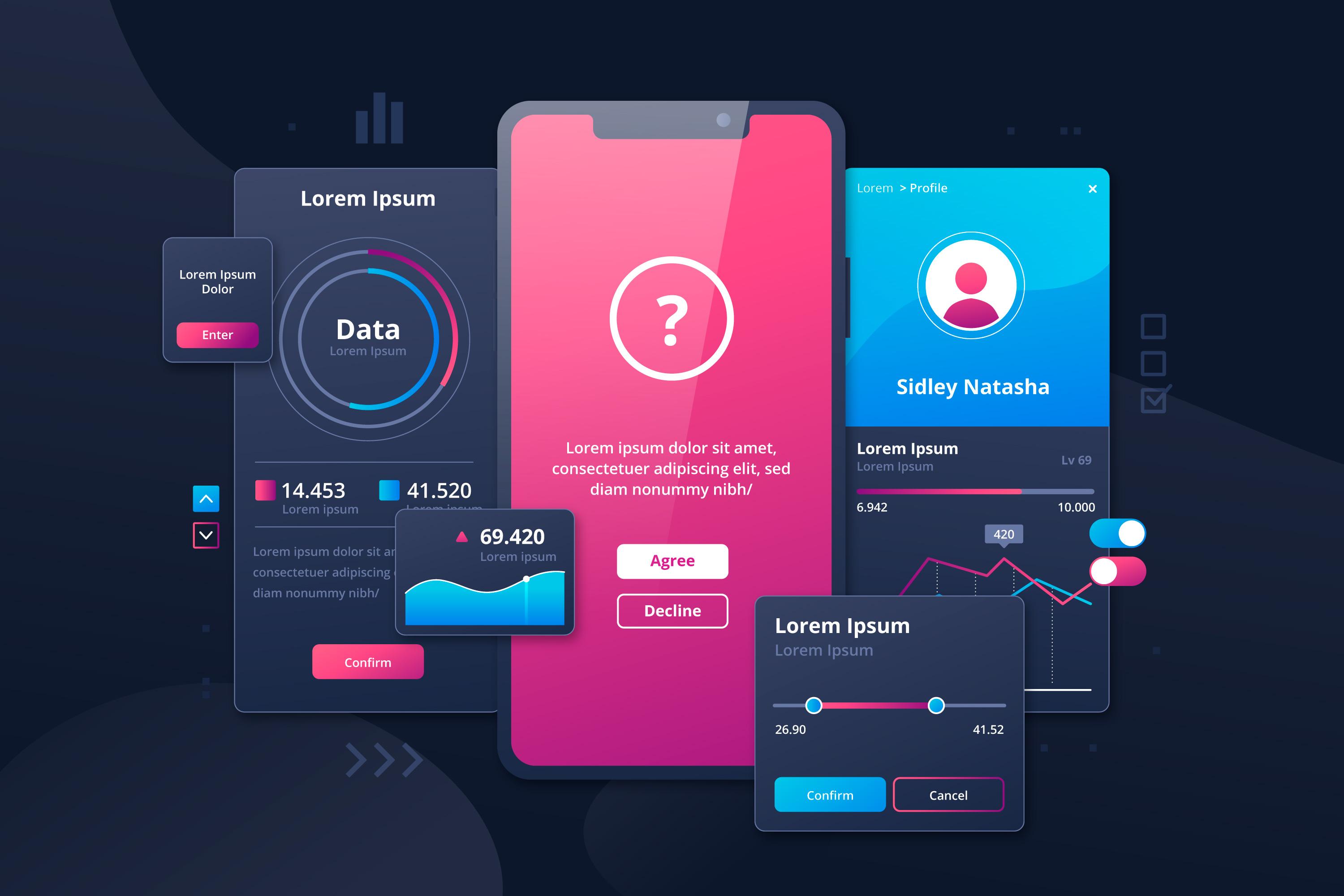 Dark UI dashboard with charts, data visualizations, a profile card, and confirm/cancel buttons.