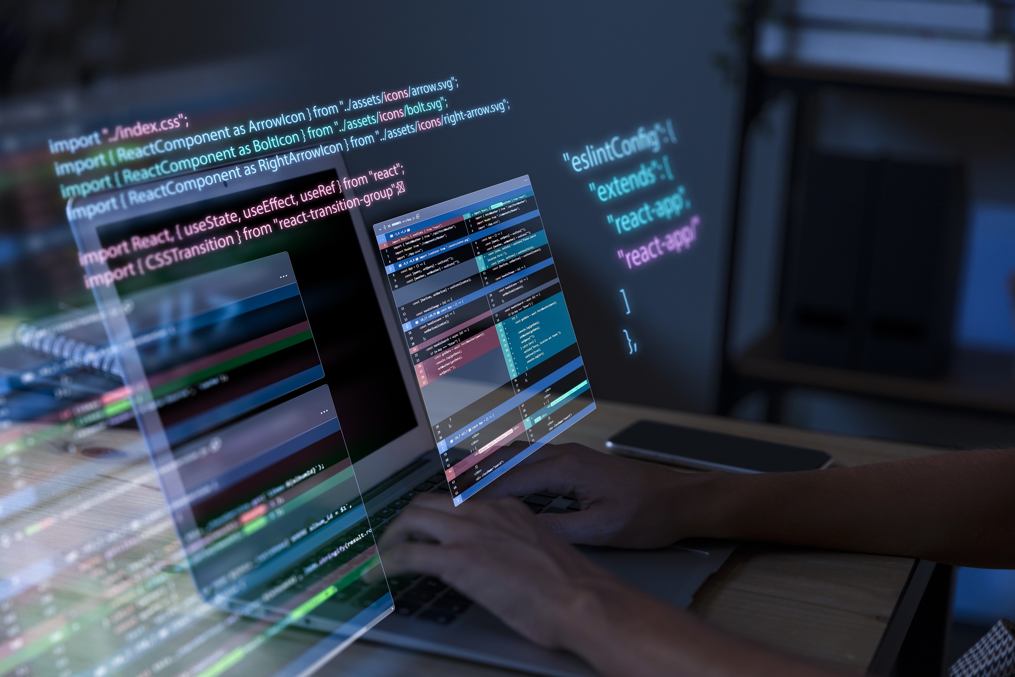 Person typing on laptop with overlaid React JavaScript code on the screen and in the air.