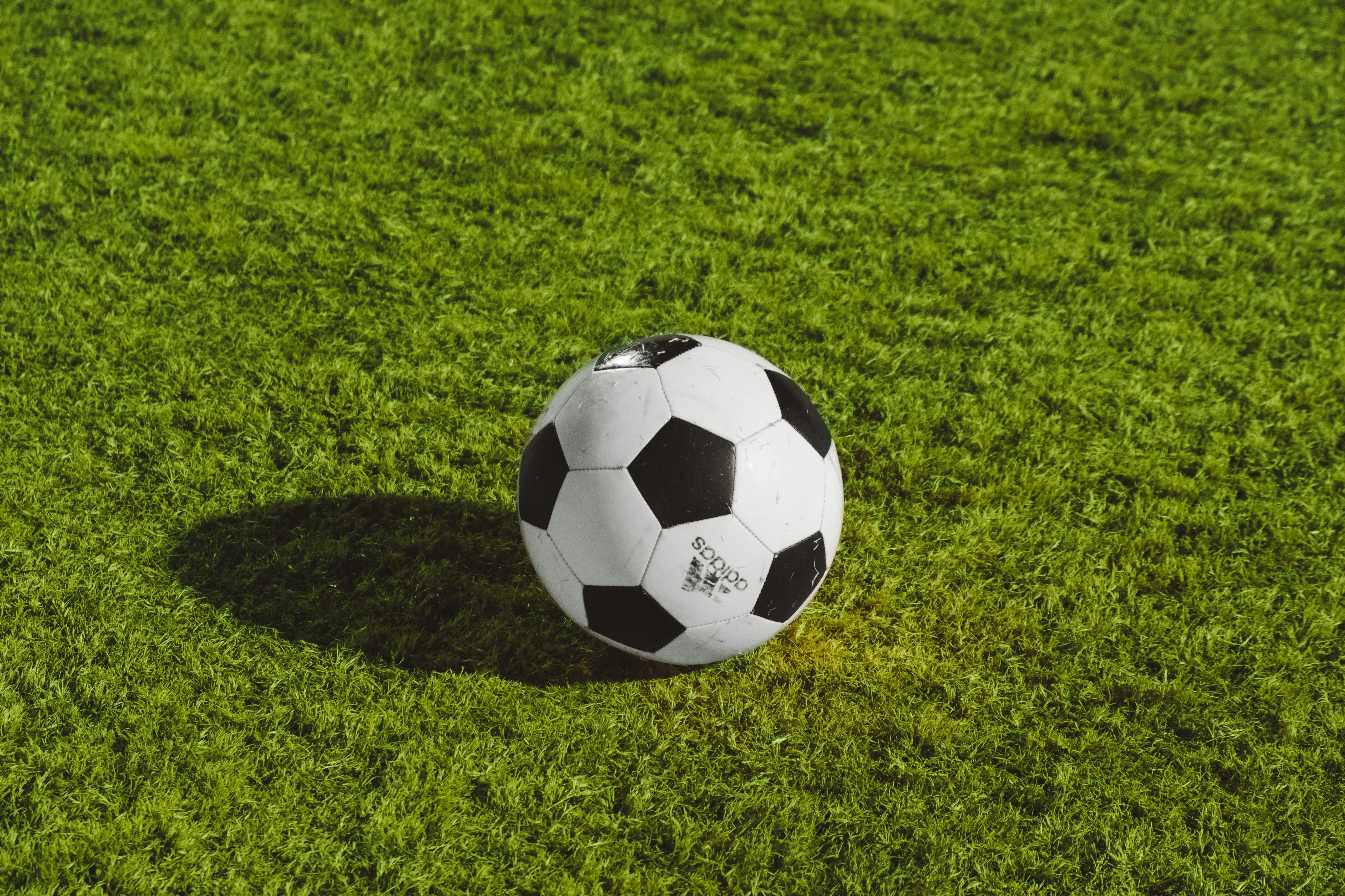 Black and white Adidas soccer ball resting on green grass casting a shadow.