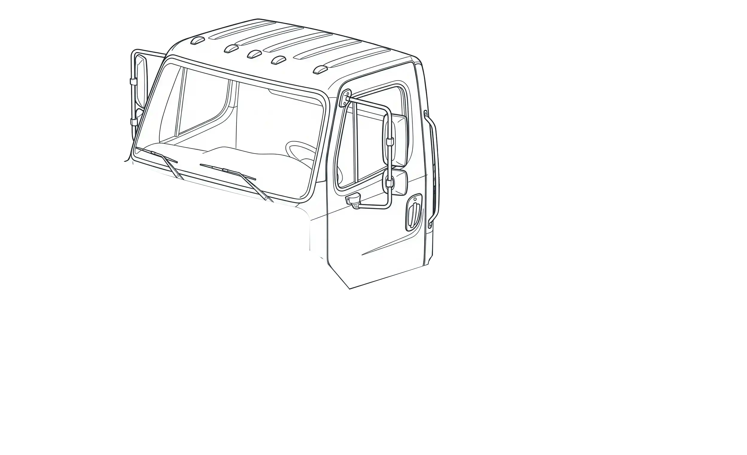 Line drawing of a truck cab viewed from front left side, showing windshield and door details.