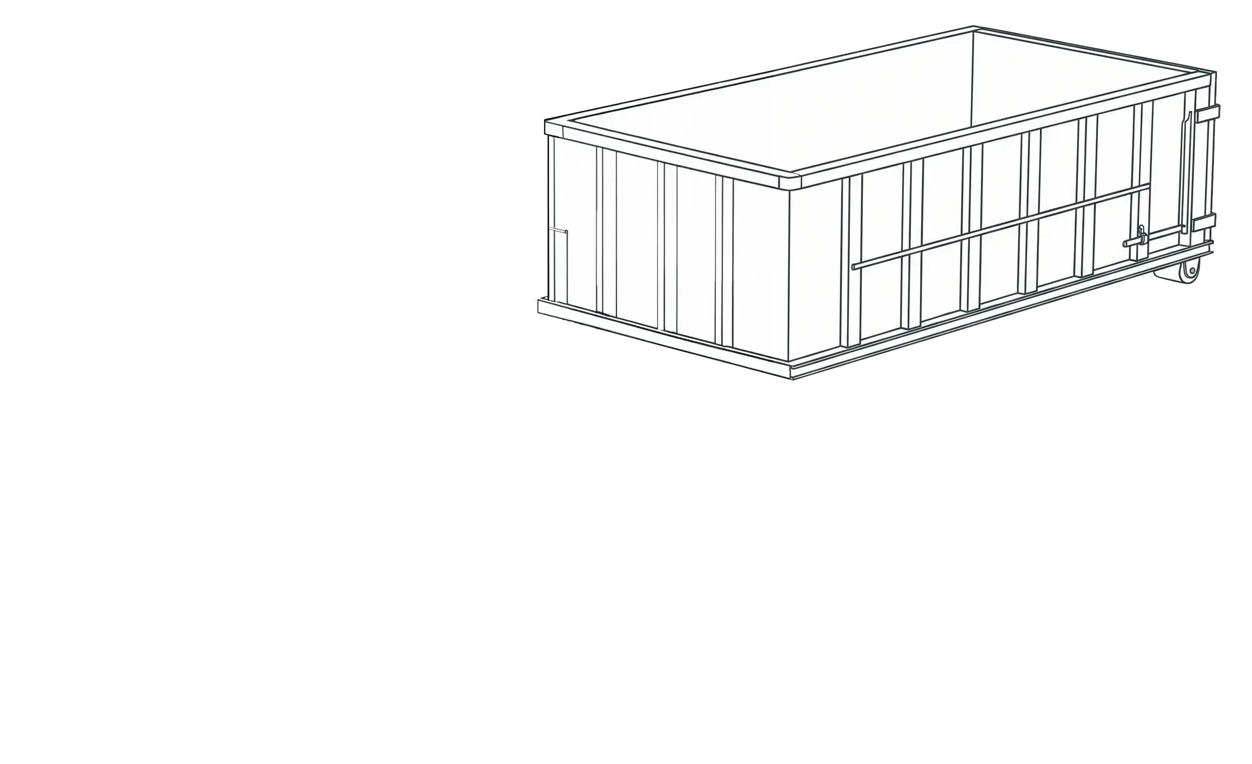 Empty rectangular metal dumpster with reinforced sides and a door on the right end.