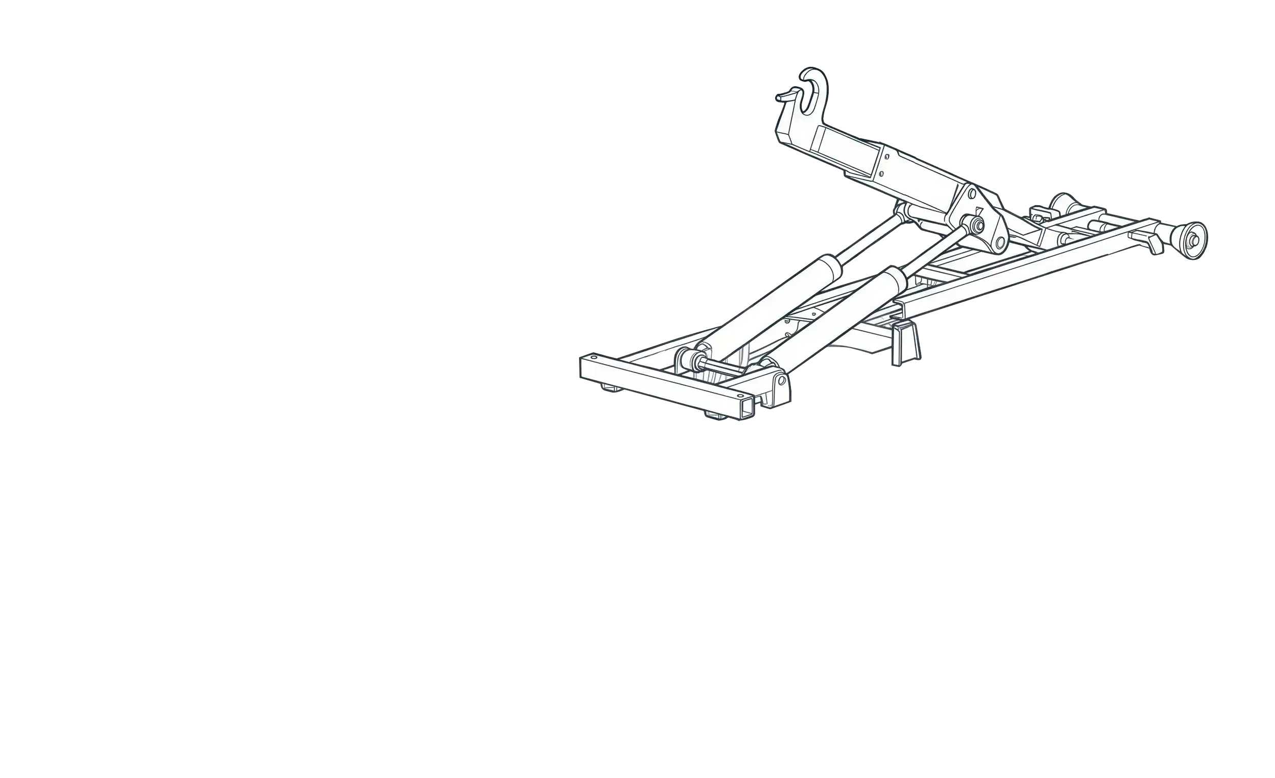Technical line drawing of a mechanical lifting frame with hydraulic cylinders and attachment points.