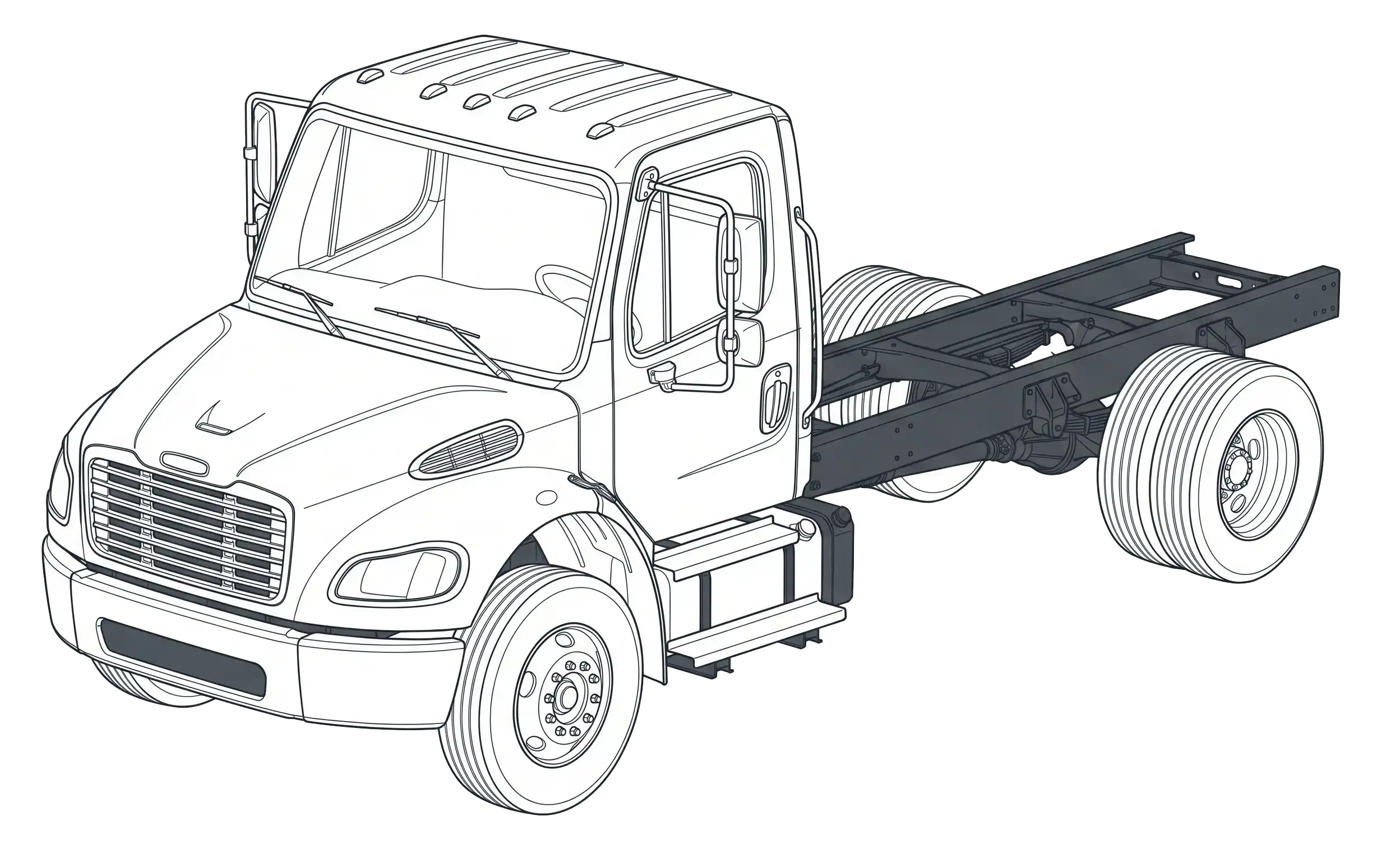 Outline drawing of a heavy-duty truck cab with chassis and six wheels.