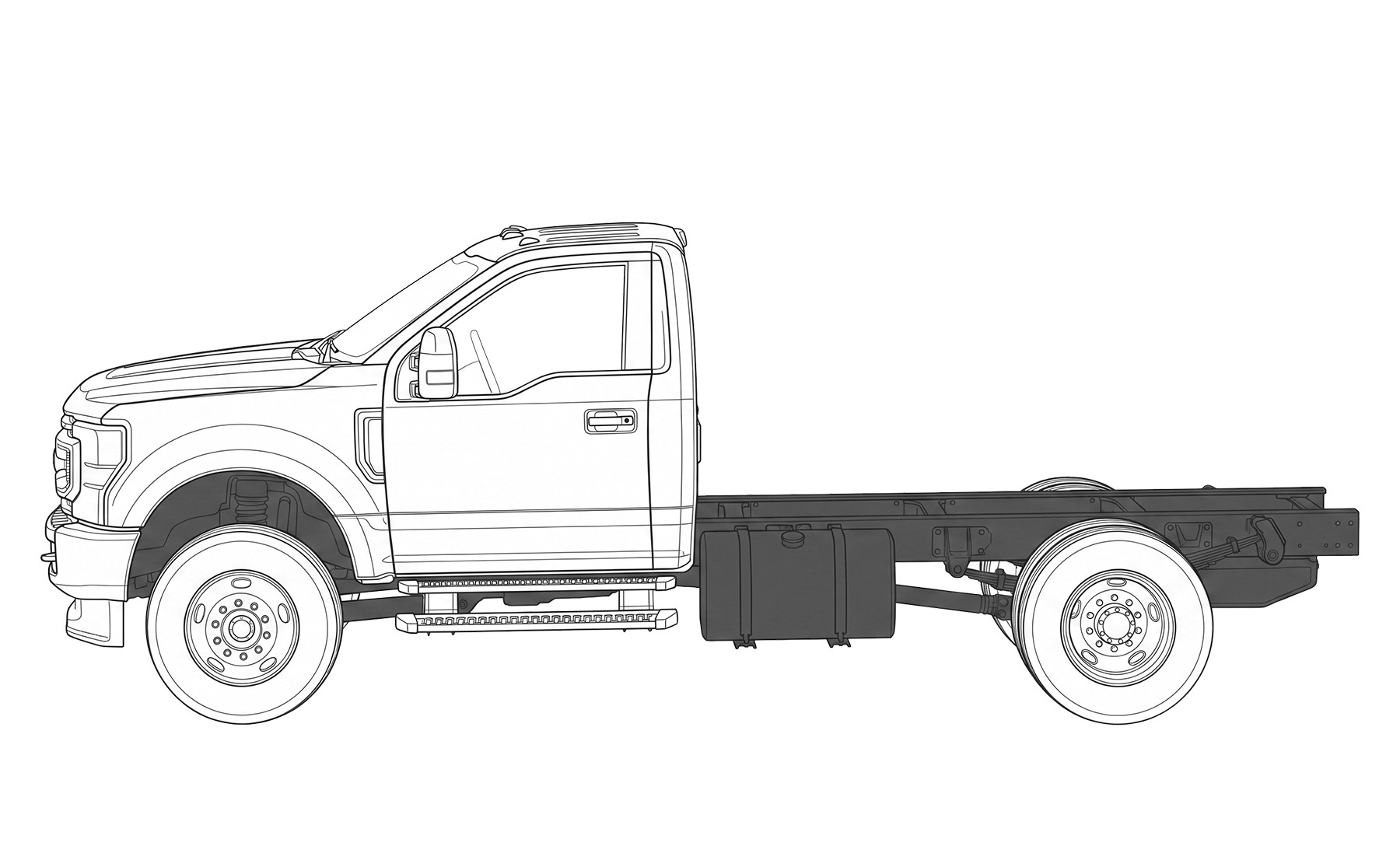 Side view illustration of a white cab and chassis truck without cargo bed or trailer.