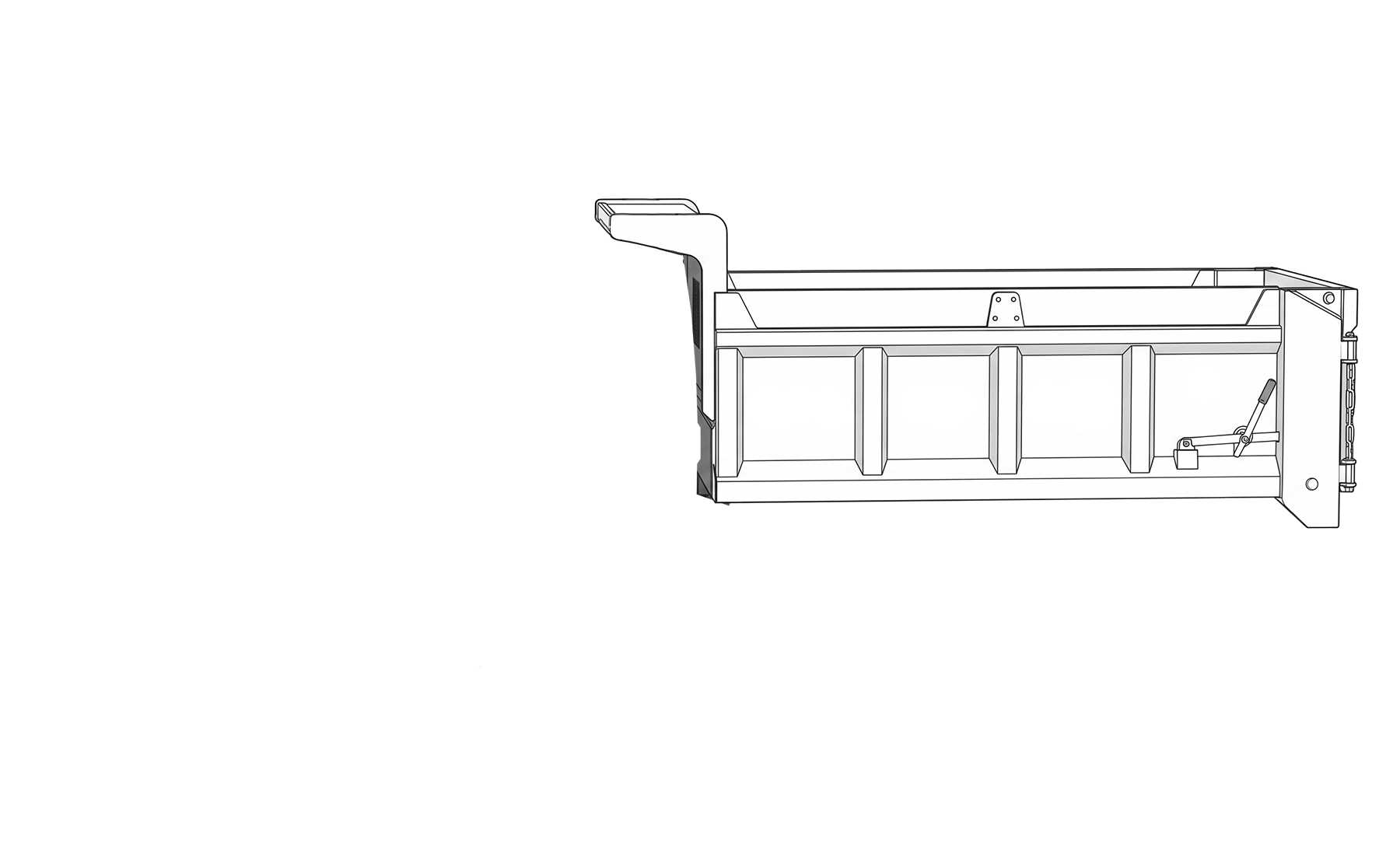 Line drawing of a truck dump bed with side panels, latch, and reinforced structure.
