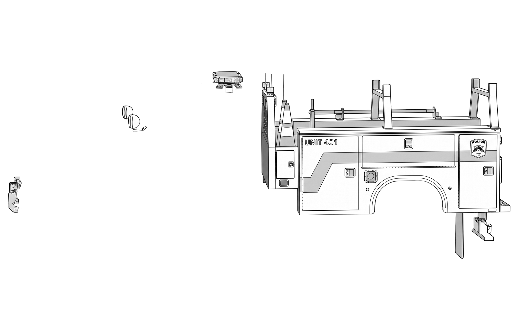 Line art of a police utility truck bed with compartments, labeled Unit 401, and police badges.