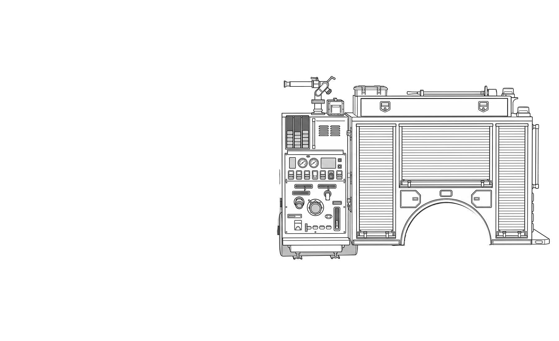 Line drawing of a firetruck side panel showing control valves, gauges, and storage compartments.