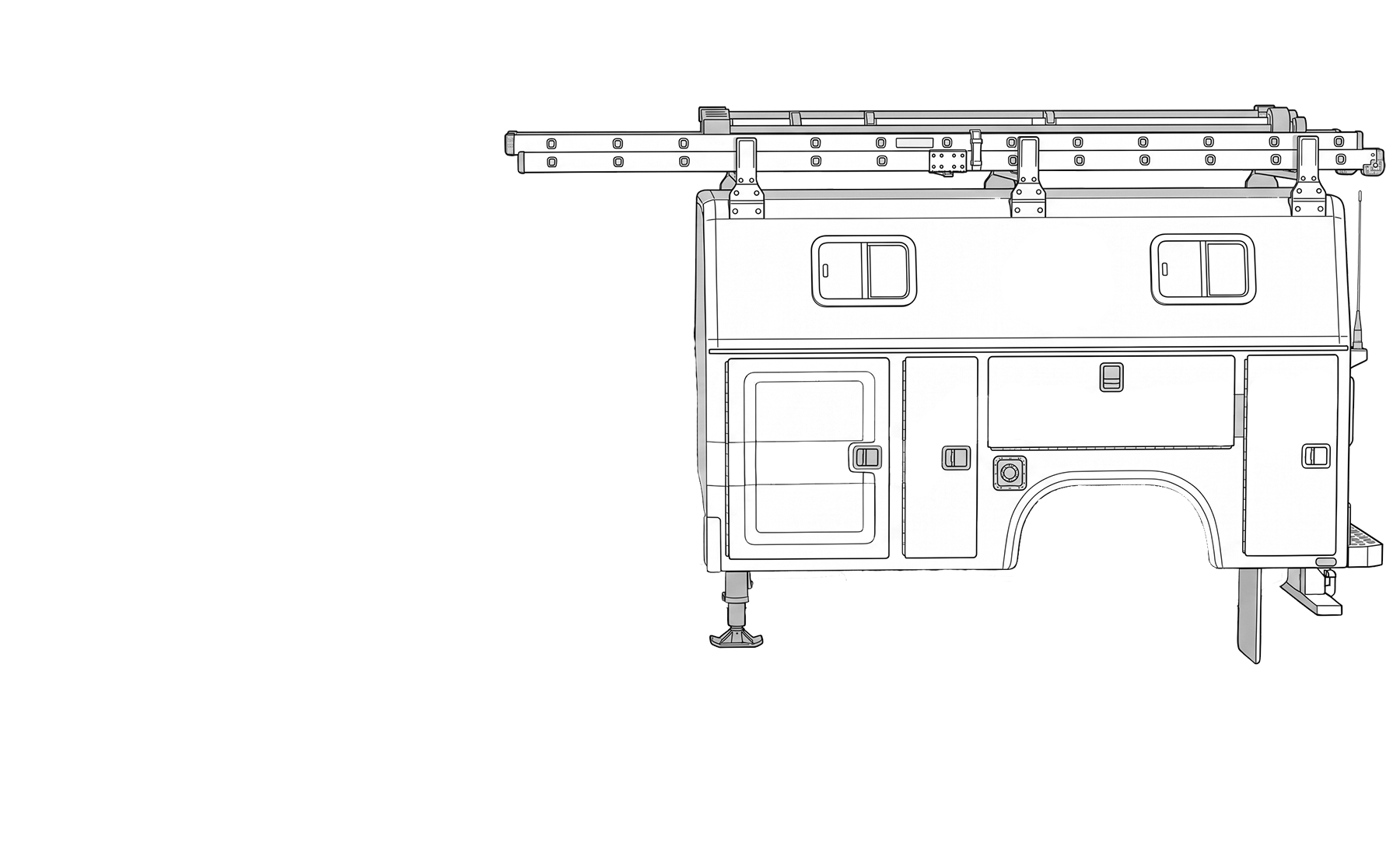 Line drawing of the side of a service truck with compartments and a ladder rack on top.