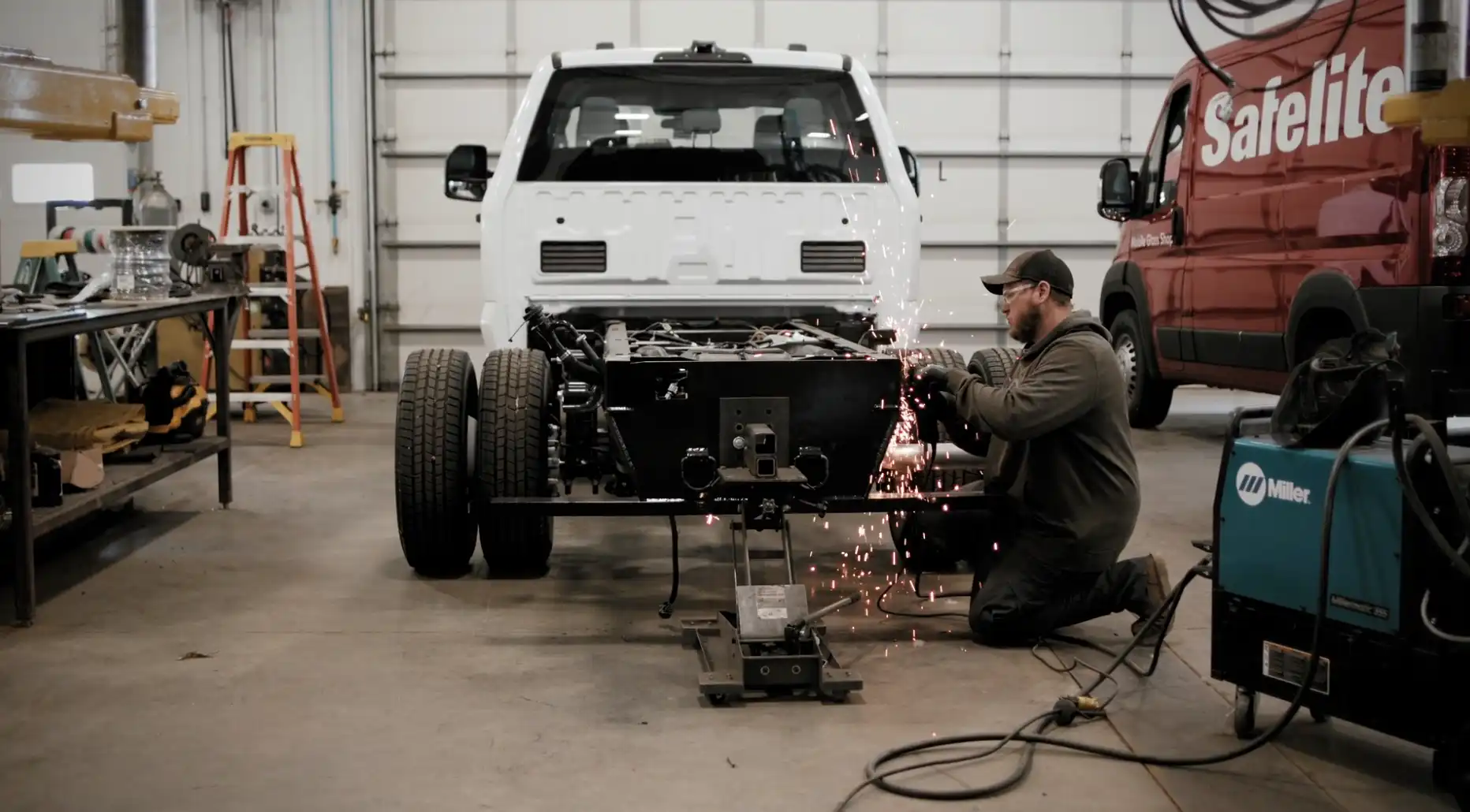 Man kneeling and welding the chassis of a white vehicle inside a garage with equipment around.