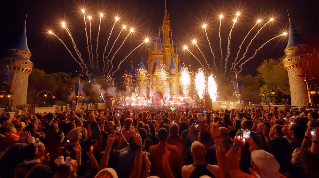 Crowd watching fireworks and pyrotechnics at a castle lit up at night in a theme park.