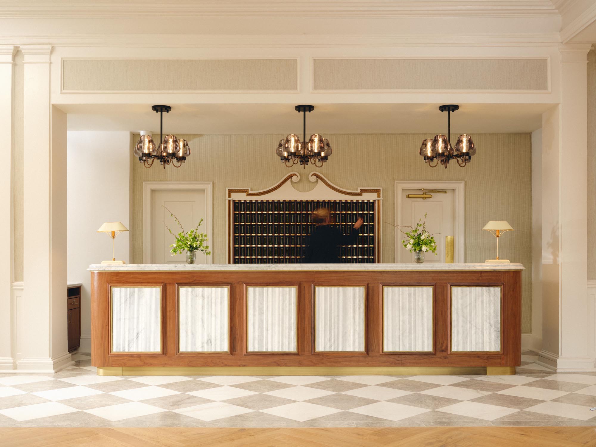 Hotel Viking lobby with historic architectural details and warm ambient lighting, Newport Rhode Island