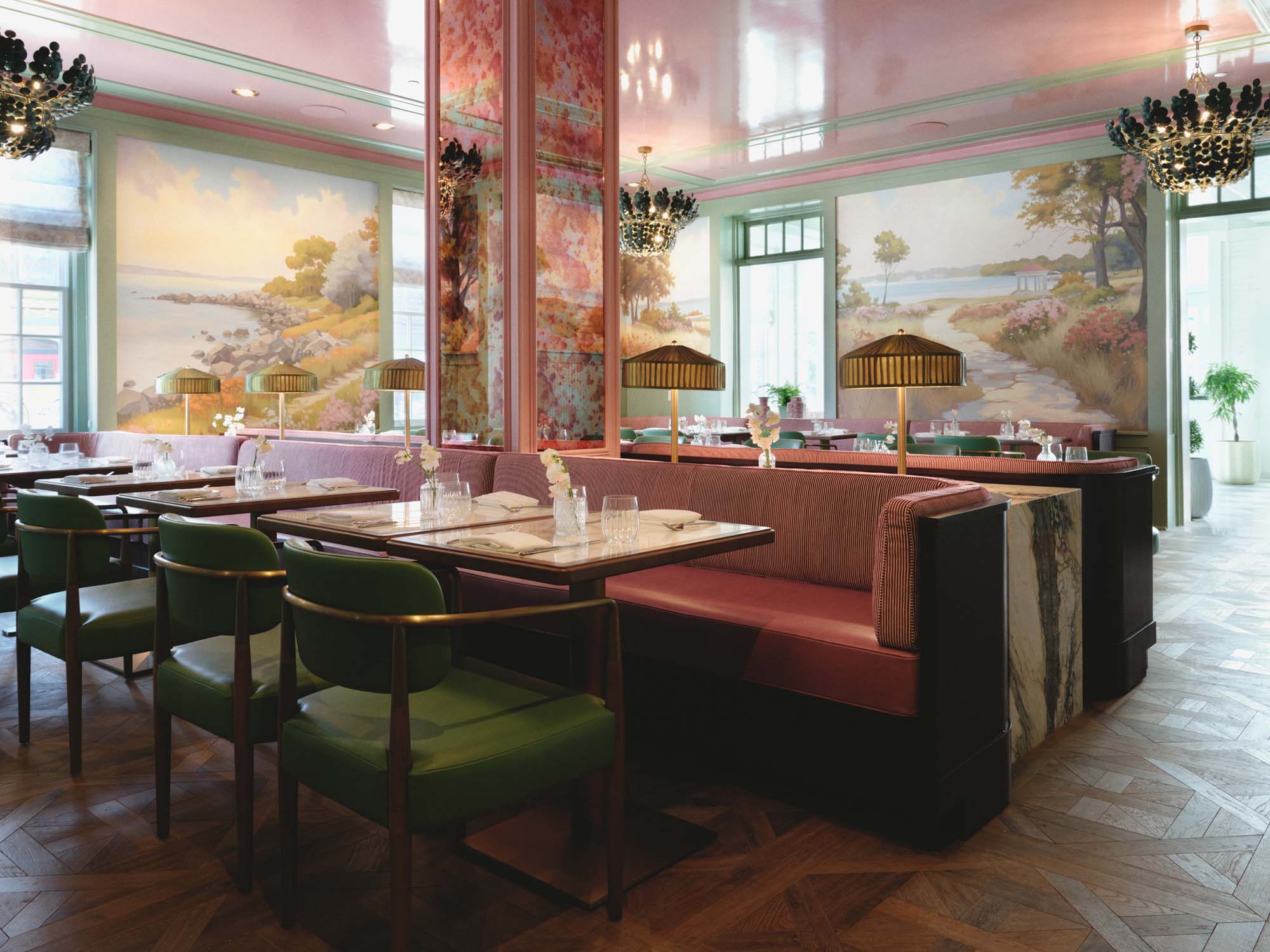Pescadou dining room with warm evening lighting at Hotel Viking Newport Rhode Island