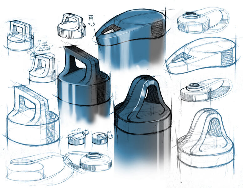 Industrial design sketches of a bottle cap with various handle and opening concepts in blue and black tones.