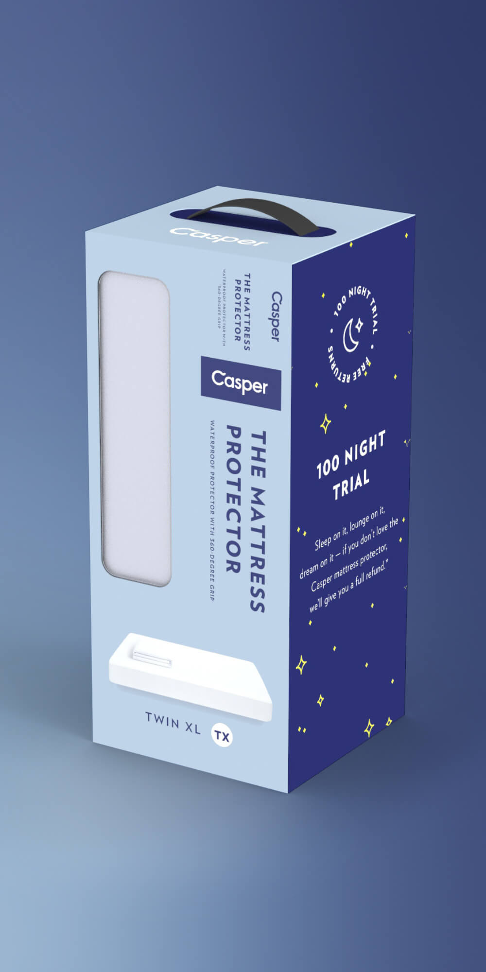 Casper mattress protector packaging showing Twin XL size and 100-night trial offer.
