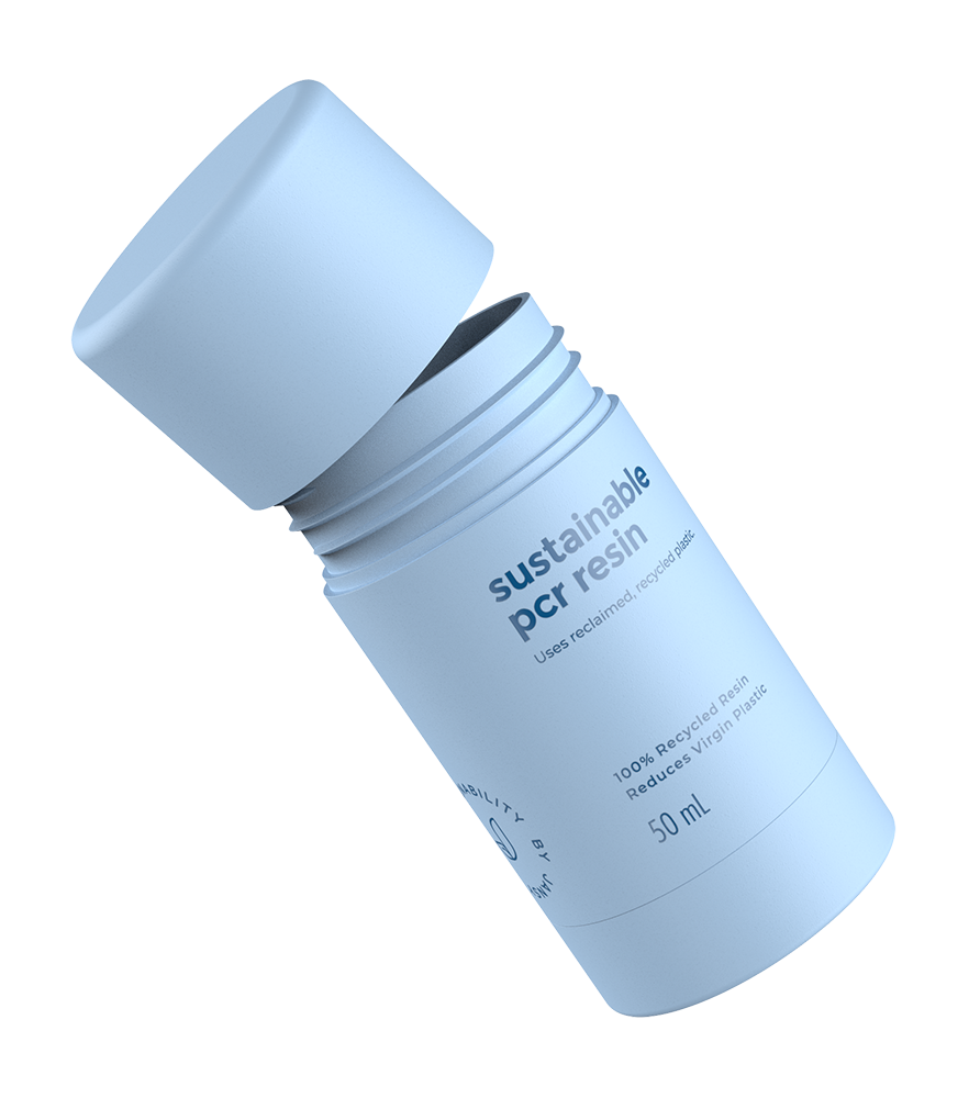 Light blue cylindrical container with cap, labeled sustainable pcr resin, 50 mL.
